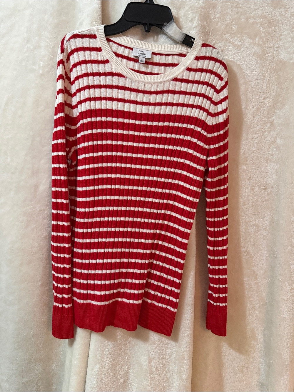 Kim Rogers Red & White Striped Ribbed Crew Sweater